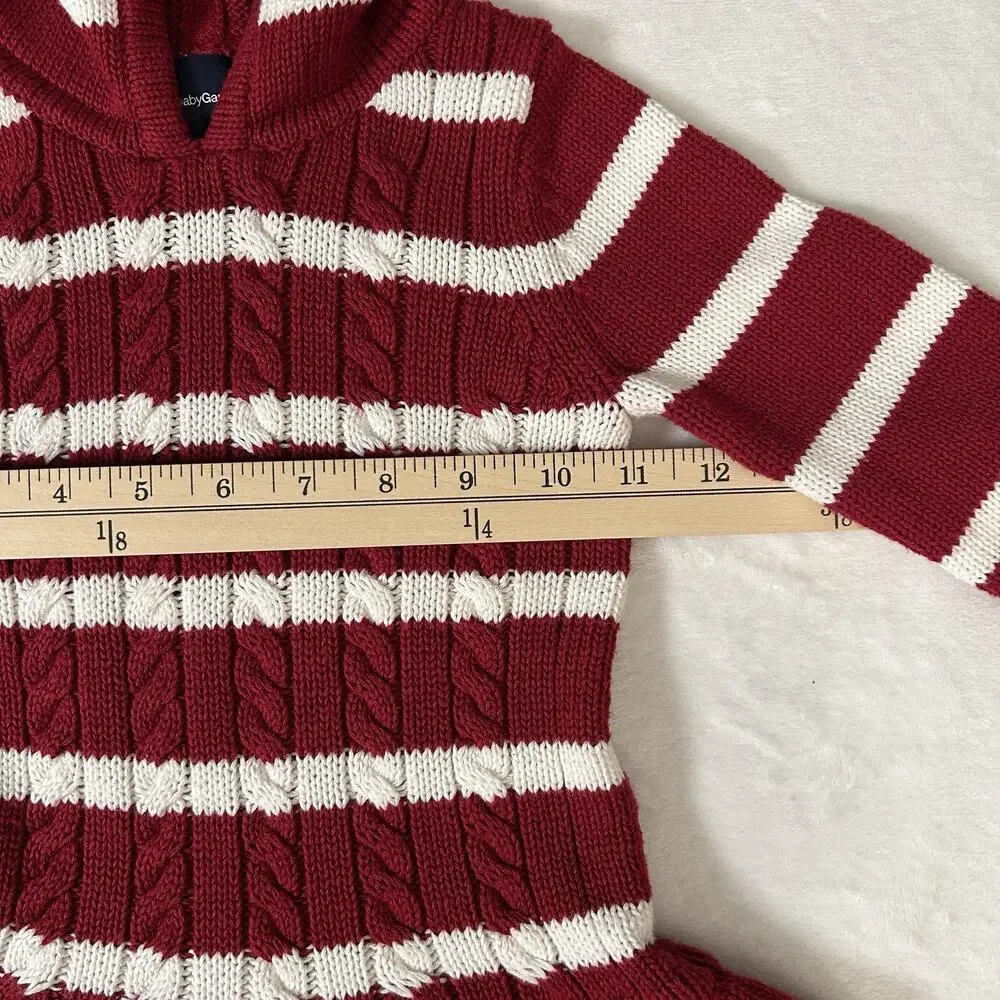Baby Gap Red & White Striped Hooded Pom Pom Cable Knit Sweater Dress Girls 2T